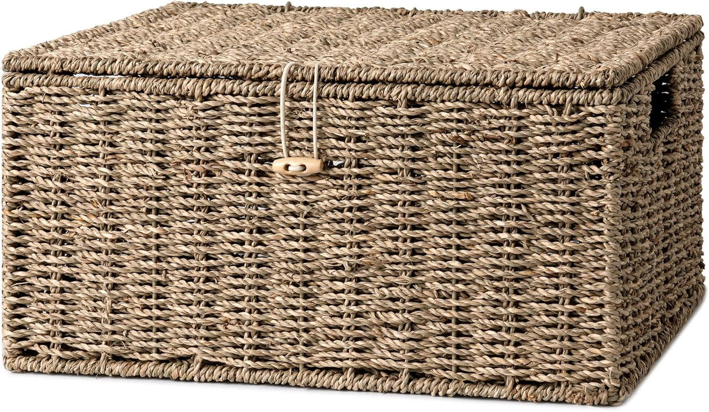 Wicker Basket with Lid and Built-in Handles, Storage Basket for Organizing