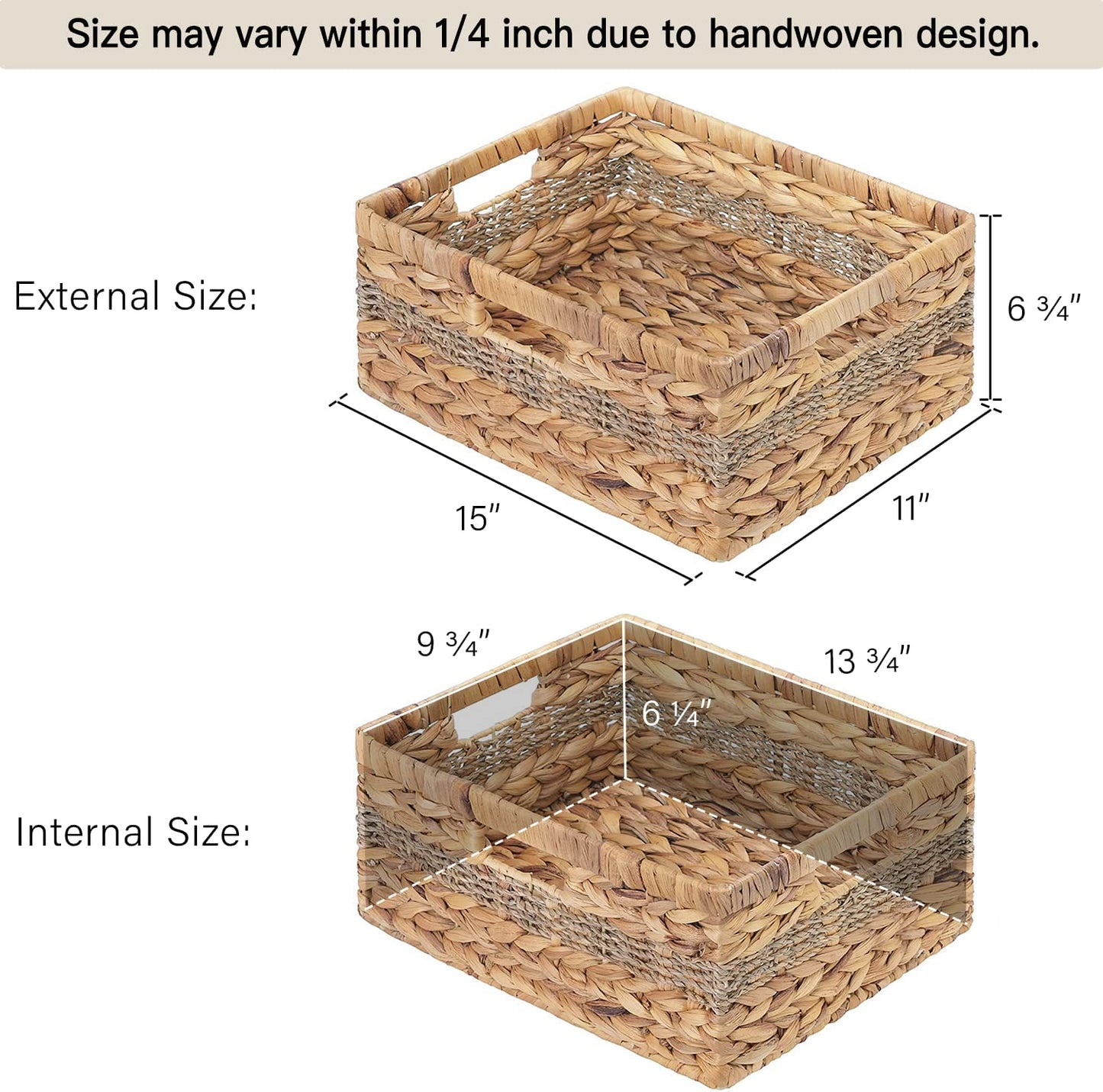 Large Rectangular Wicker Basket with Built-in Handles, 1 Pack