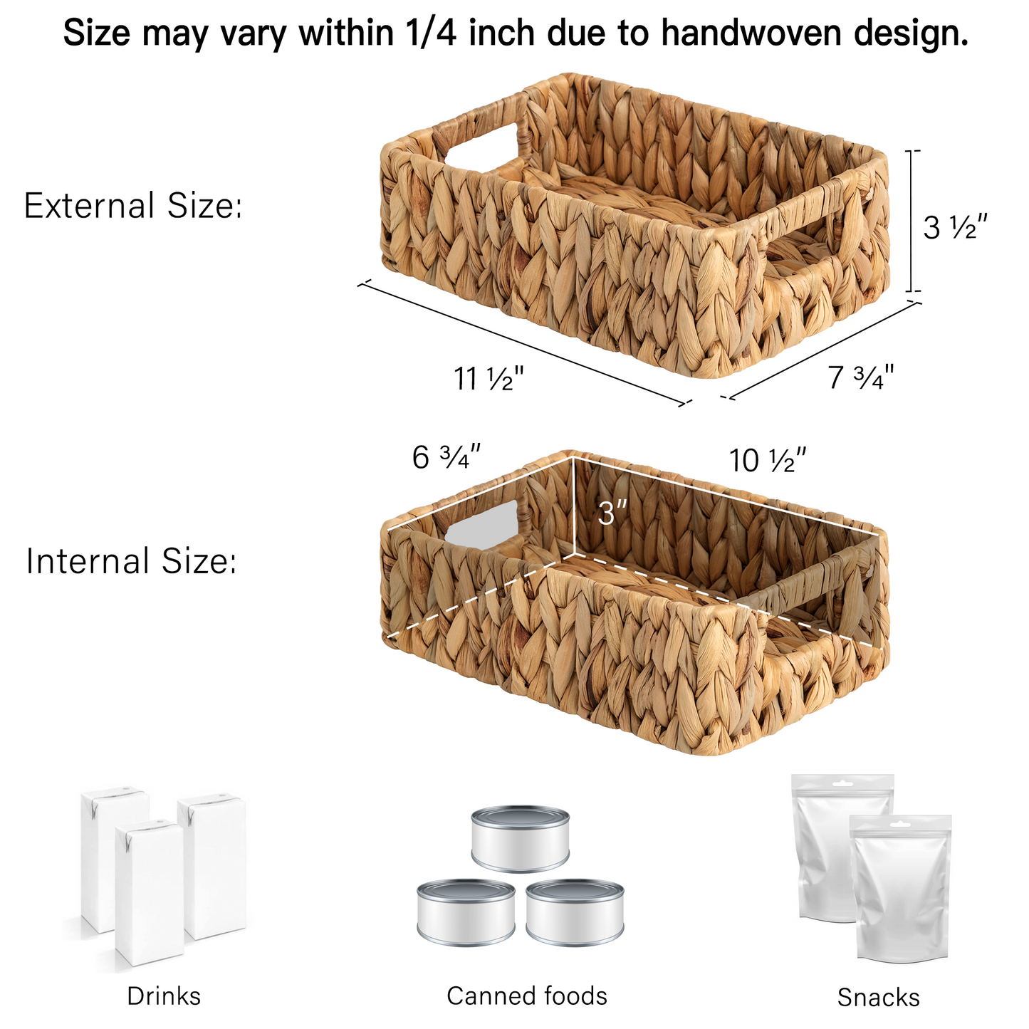 Rectangular Wicker Basket with Built-in Handles, 2 Pack