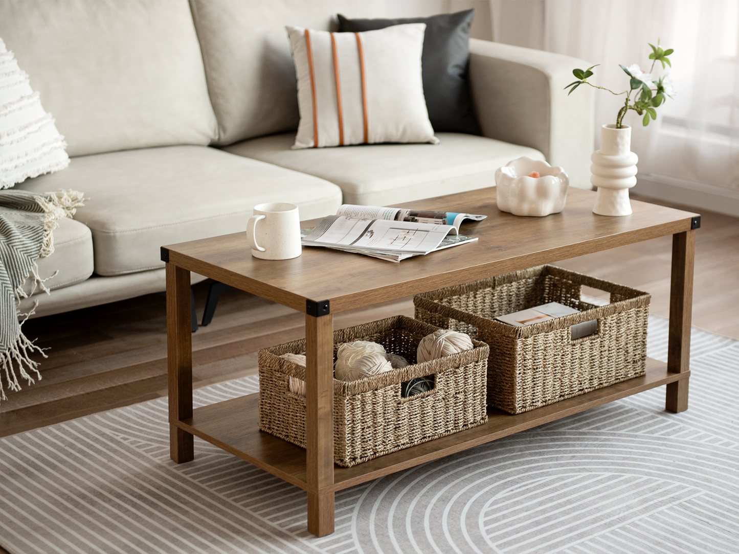 Large Rectangular Wicker Basket with Built-in Handles, 1 Pack