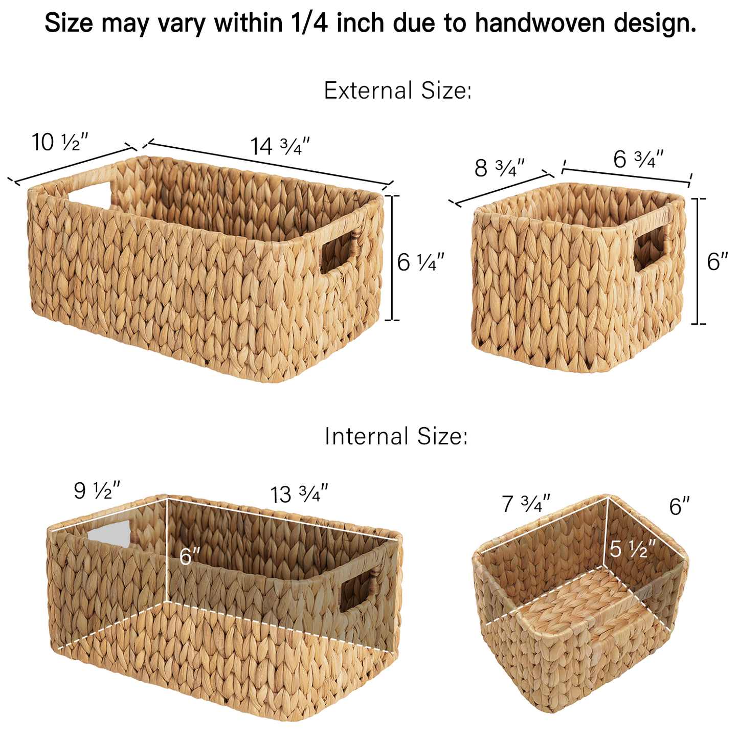 Wicker Baskets with Built-in Handles, Set of 3 (1PC Large, 2PCS Medium)