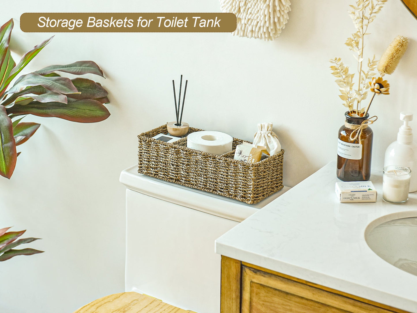 Wicker Toilet Basket Tank Topper, 3-Section Storage Baskets, 2-Pack
