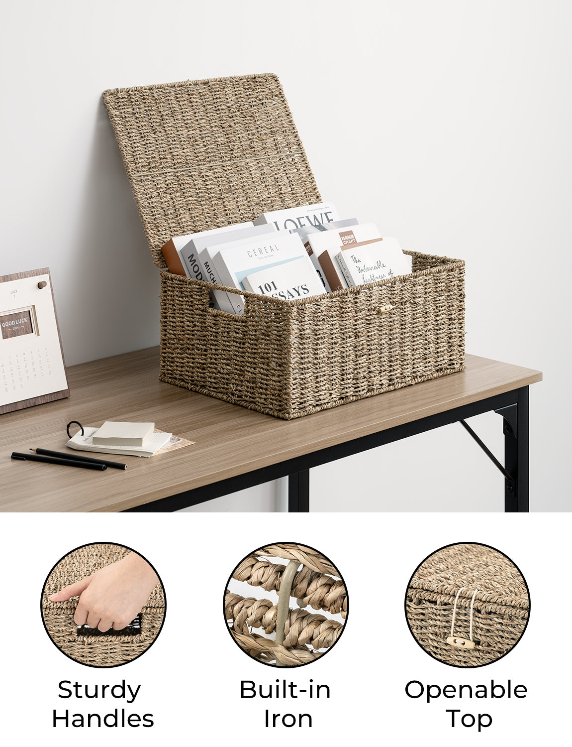 Wicker Basket with Lid and Built-in Handles, Storage Basket for Organizing