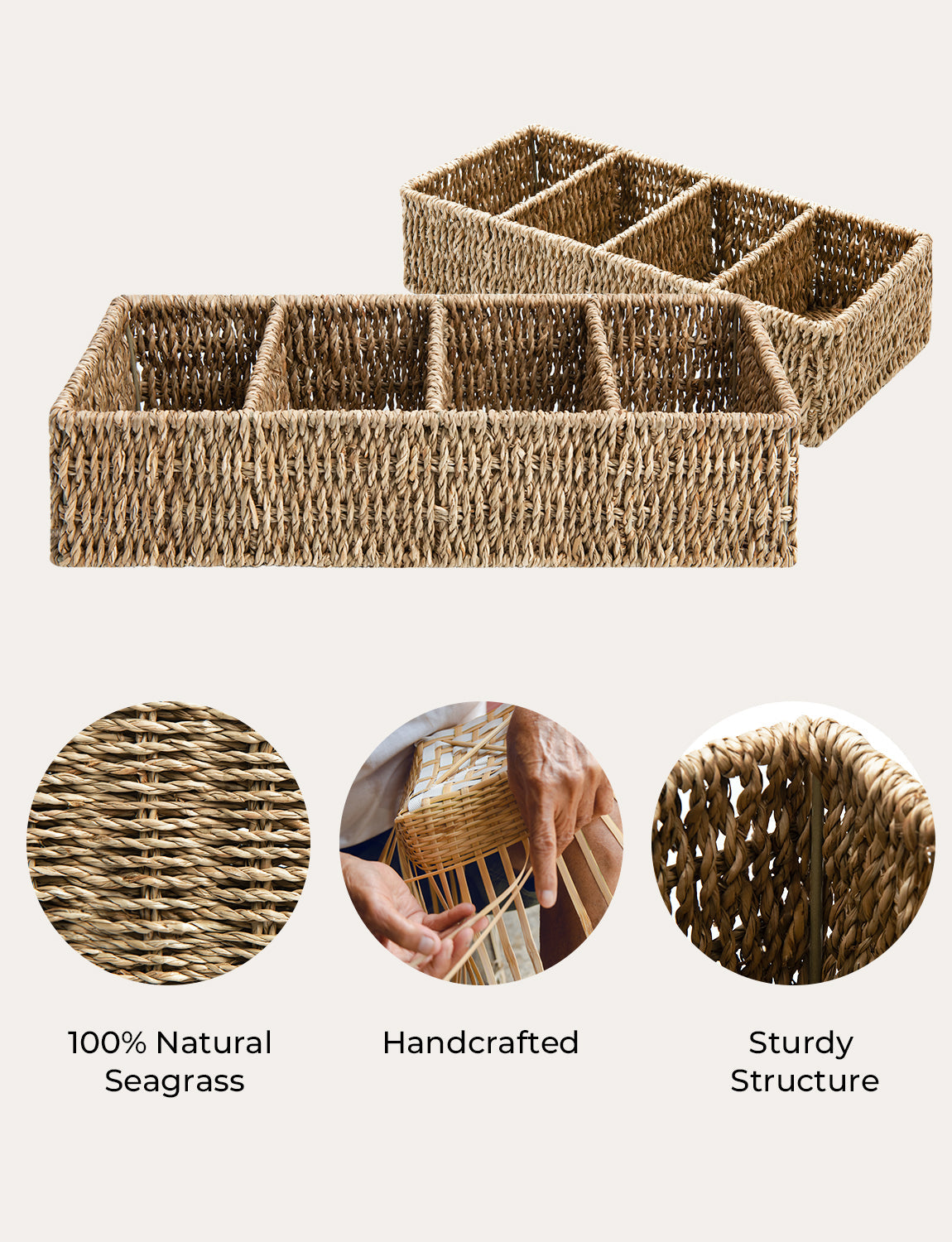 Small Wicker Baskets for Organizing with 4 Sections, 2 Pack