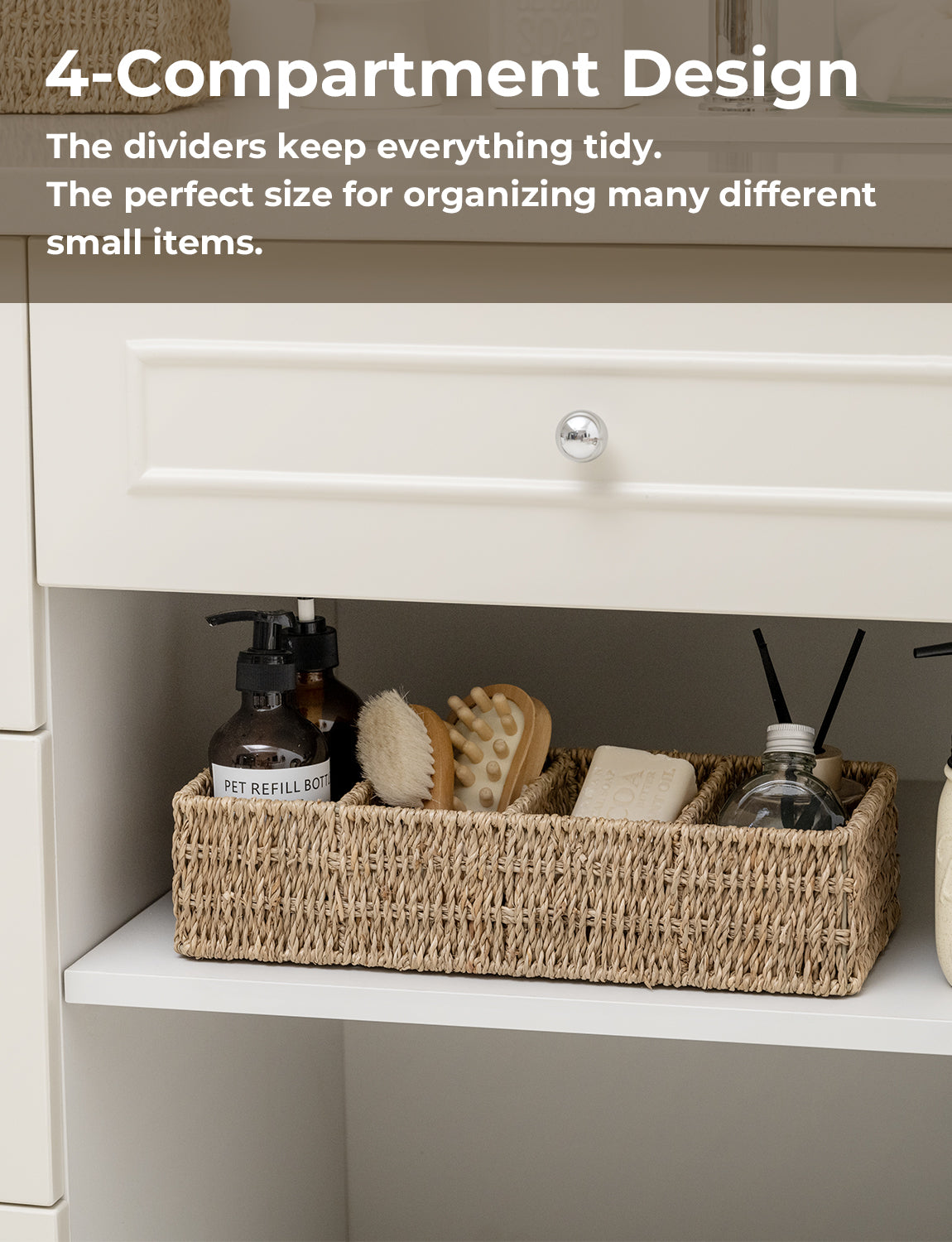 Small Wicker Baskets for Organizing with 4 Sections, 2 Pack