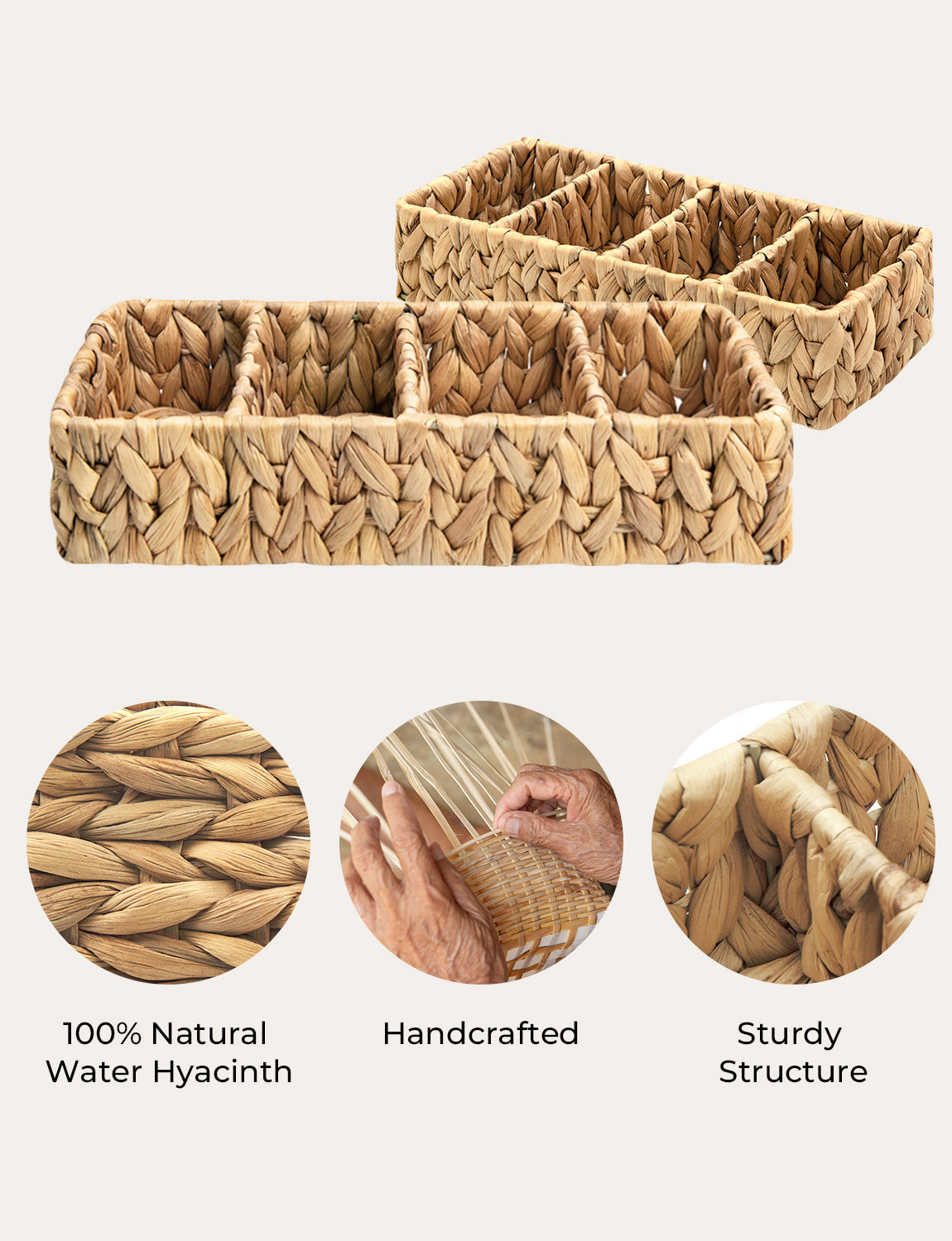 Small Wicker Baskets for Organizing with 4 Sections, 2 Pack