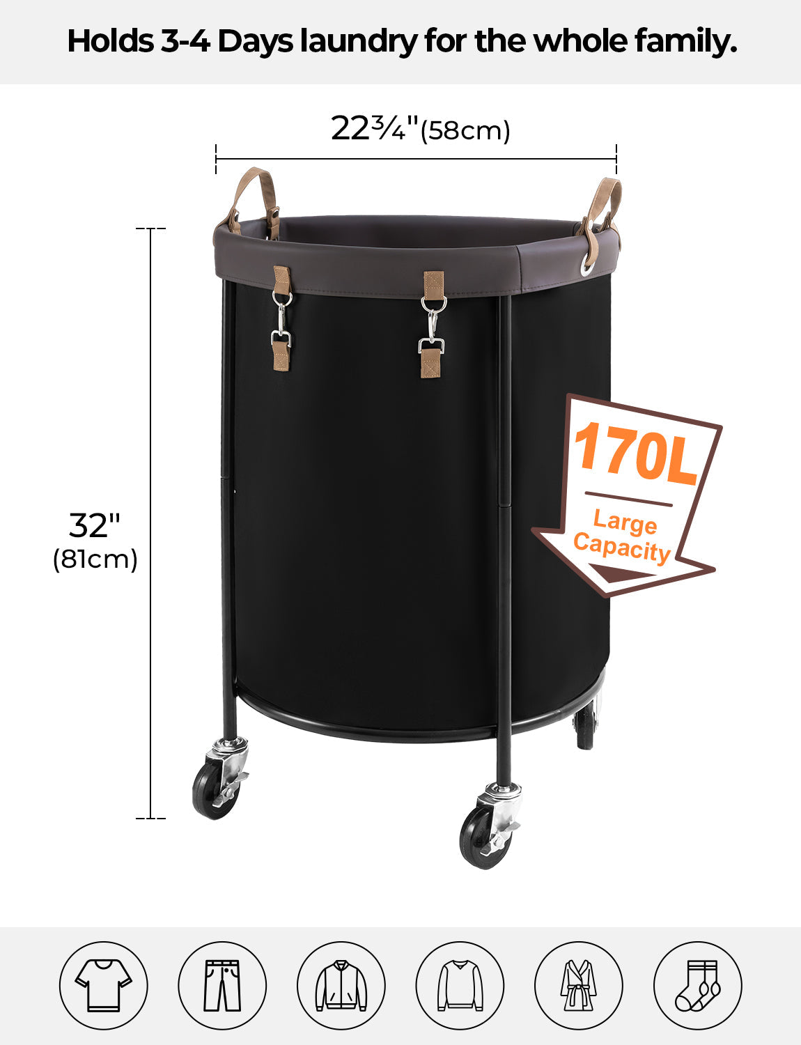 Rolling Laundry Basket, Clothes Hamper with Wheels, 1-Pack