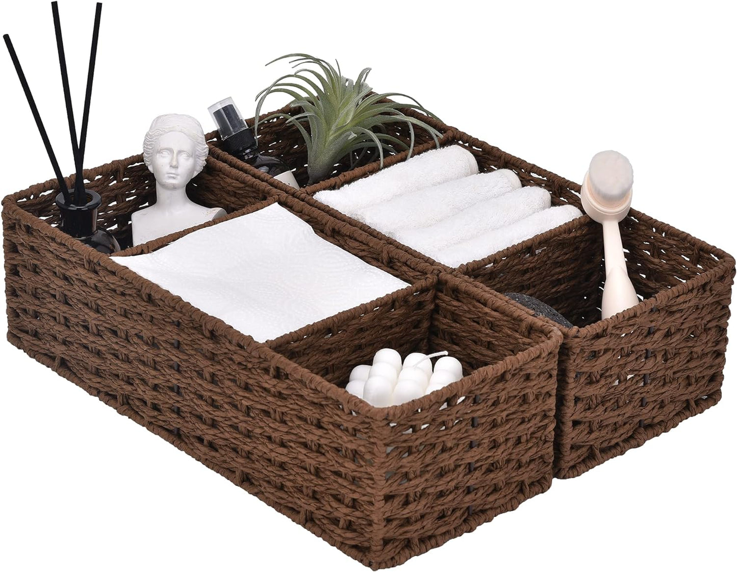 Wicker Toilet Basket Tank Topper, 3-Section Storage Baskets, 2-Pack
