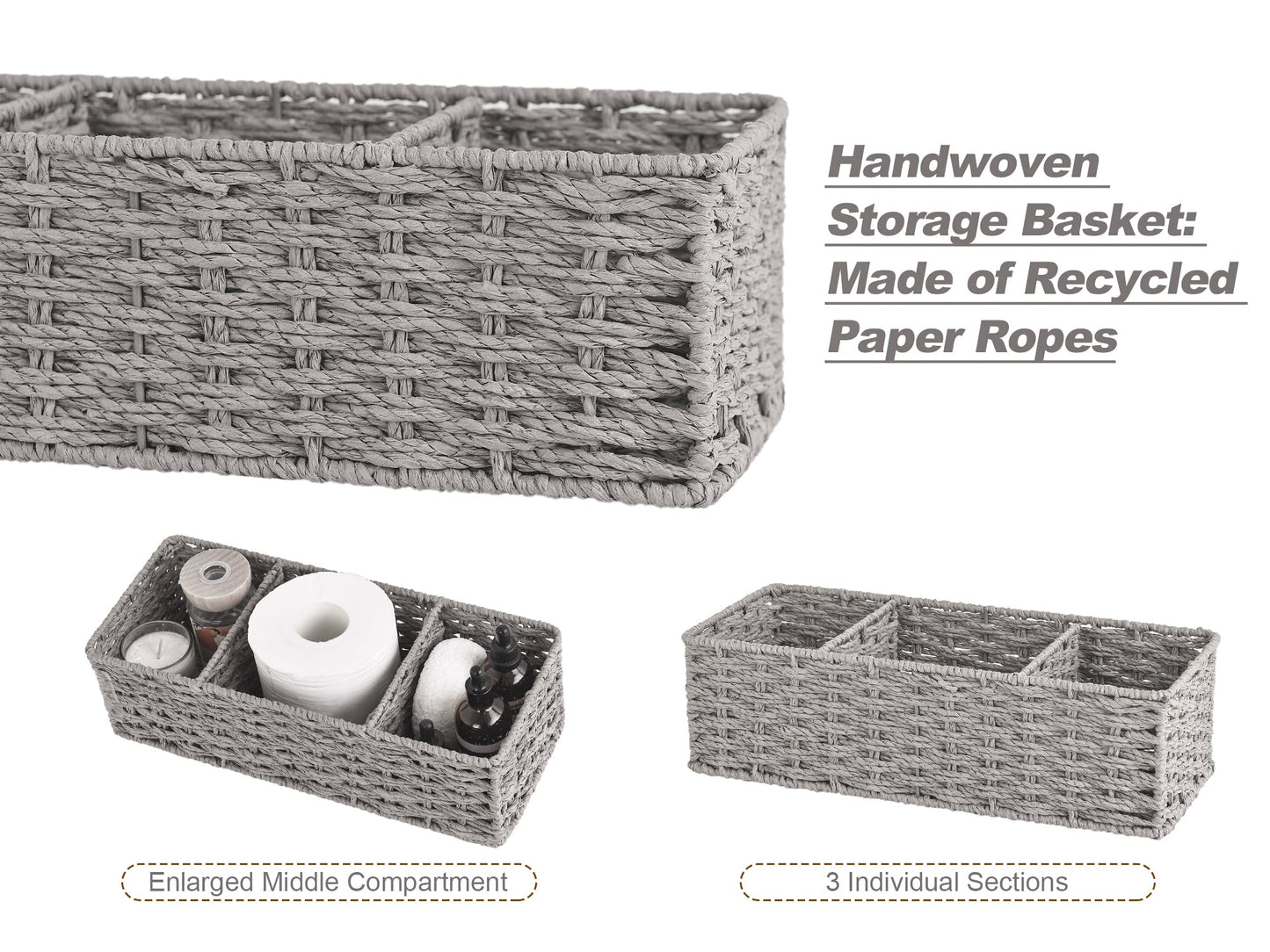 Wicker Toilet Basket Tank Topper, 3-Section Storage Baskets, 2-Pack