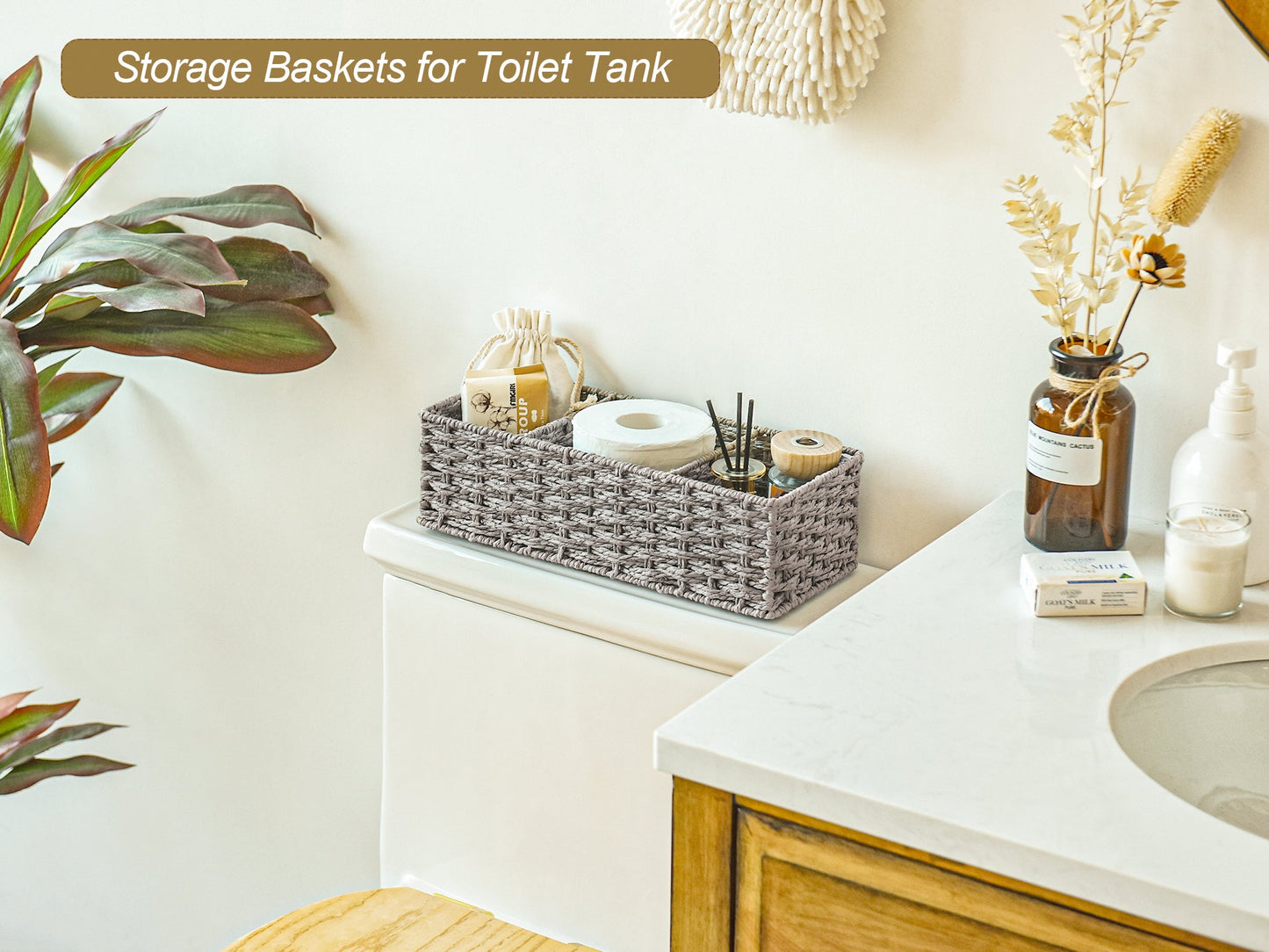 Wicker Toilet Basket Tank Topper, 3-Section Storage Baskets, 2-Pack