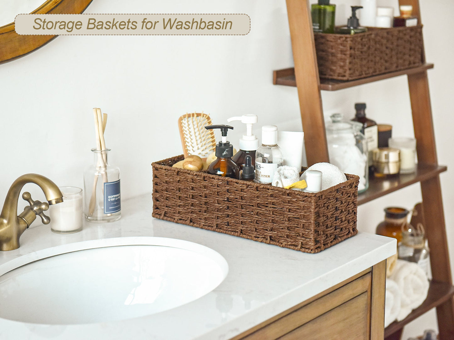 Wicker Toilet Basket Tank Topper, 3-Section Storage Baskets, 2-Pack