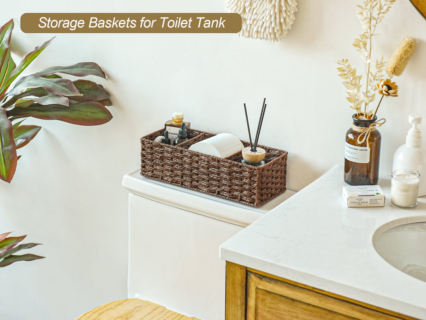 Wicker Toilet Basket Tank Topper, 3-Section Storage Baskets, 2-Pack