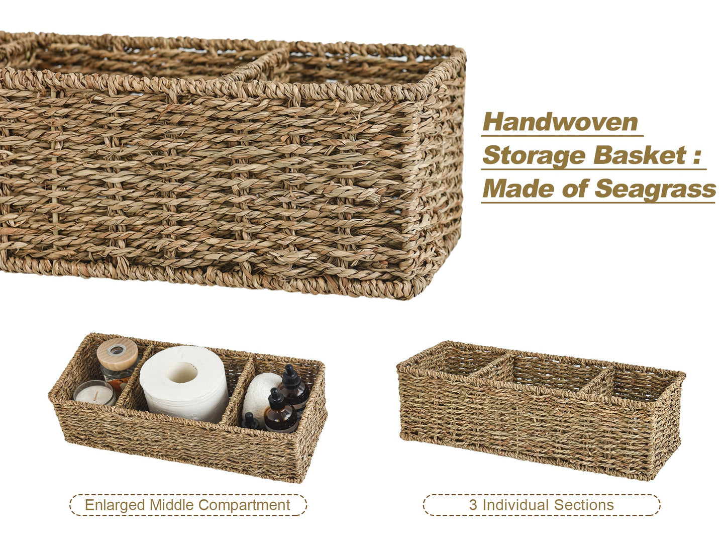 Wicker Toilet Basket Tank Topper, 3-Section Storage Baskets, 2-Pack