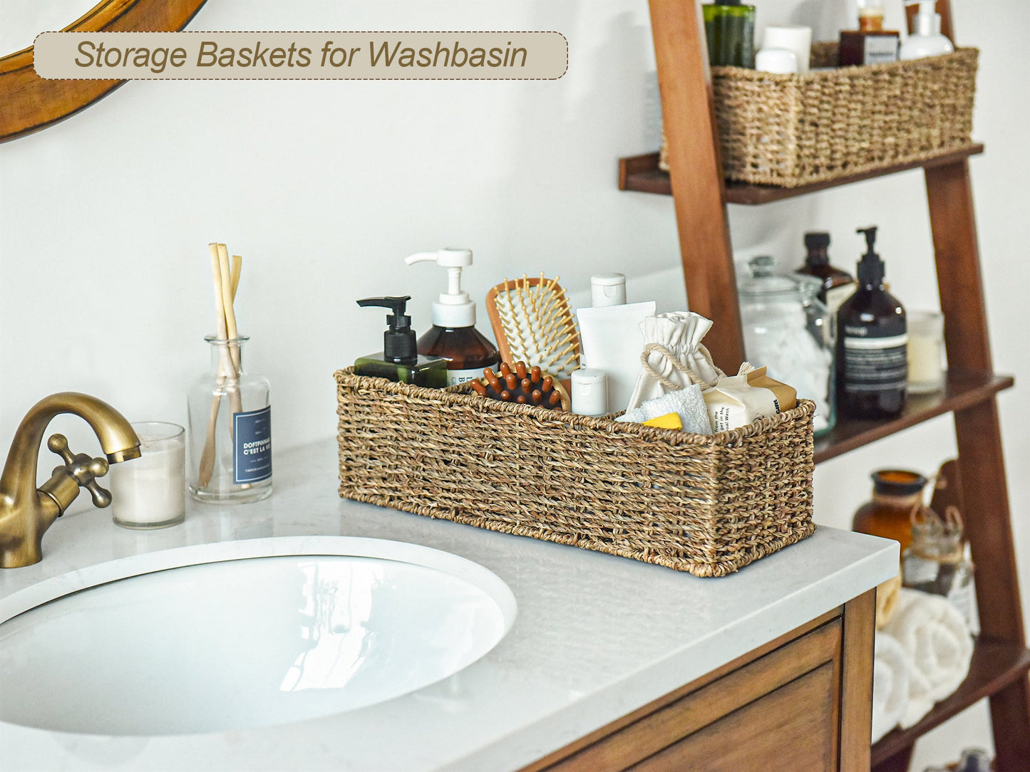 Wicker Toilet Basket Tank Topper, 3-Section Storage Baskets, 2-Pack