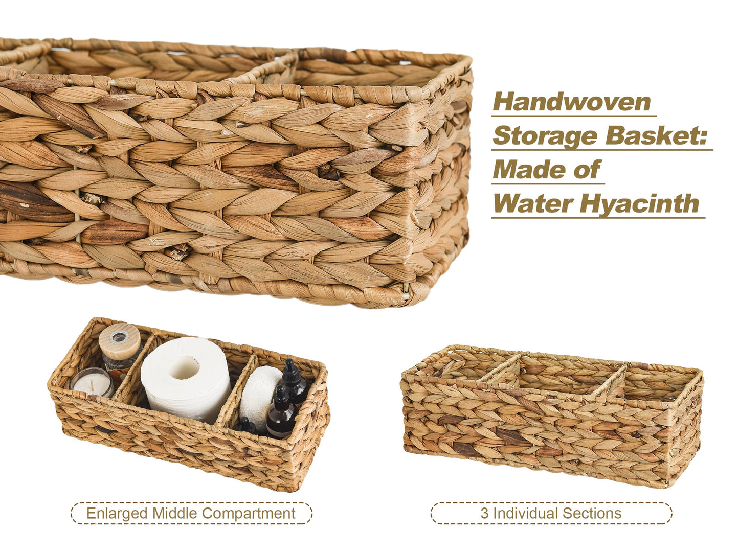 Wicker Toilet Basket Tank Topper, 3-Section Storage Baskets, 2-Pack