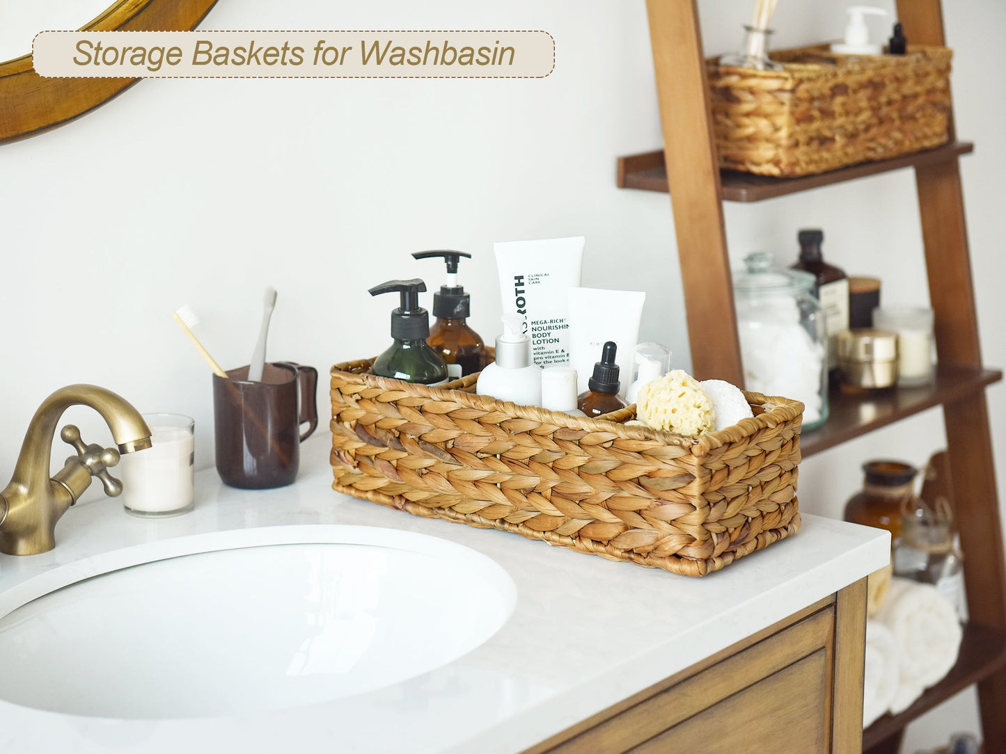 Wicker Toilet Basket Tank Topper, 3-Section Storage Baskets, 2-Pack