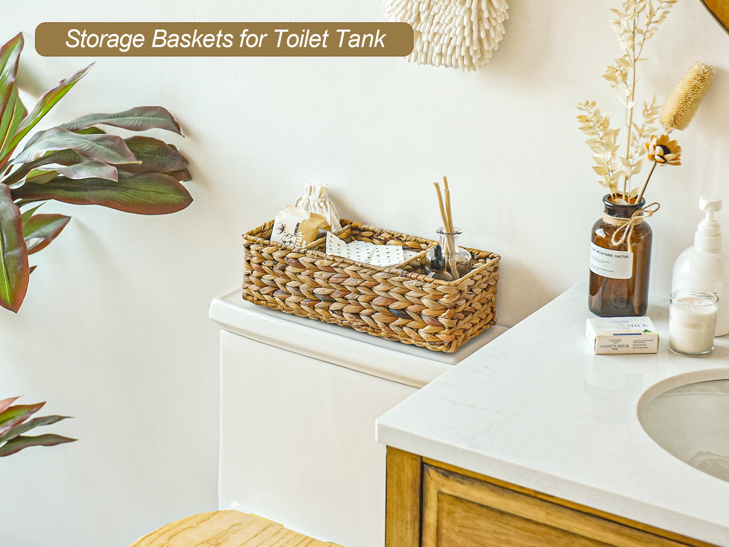 Wicker Toilet Basket Tank Topper, 3-Section Storage Baskets, 2-Pack