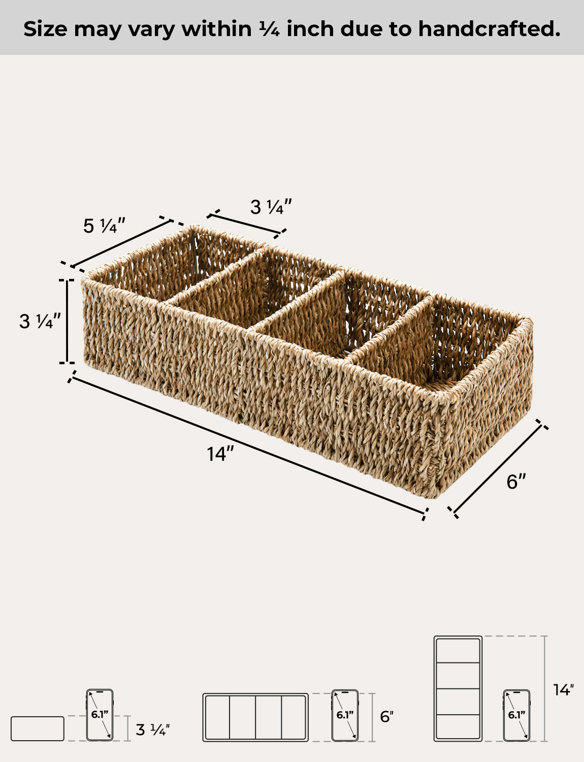 Small Wicker Baskets for Organizing with 4 Sections, 2 Pack